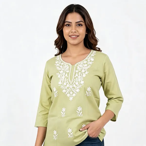 Light_Green_Cotton_Embroidered_Three_Quarter_Sleeve_Tunic_For_Girls