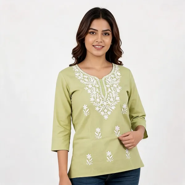 Light_Green_Cotton_Embroidered_Three_Quarter_Sleeve_Tunic_For_Girls