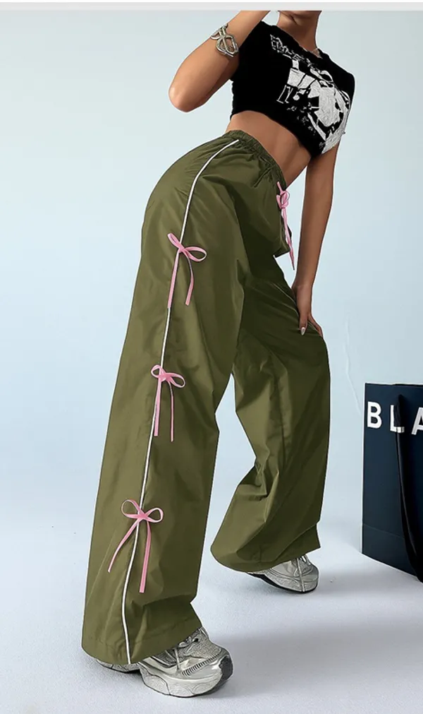 Olive_Green_Wide_Leg_Bow_Detail_Track_Pants_For_Girls