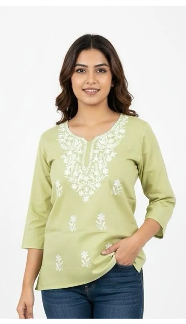 Light_Green_Cotton_Embroidered_Three_Quarter_Sleeve_Tunic_For_Girls