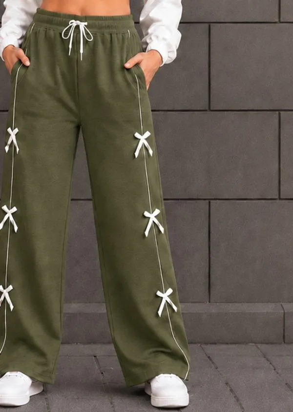 Olive_Green_Bow_Detail_Wide_Leg_Drawstring_Trousers_For_Girls