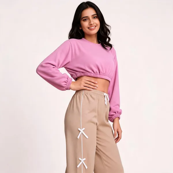 Pink_Cotton_Crop_Top_With_Beige_Bow_Detail_Pants_Set_For_Girls