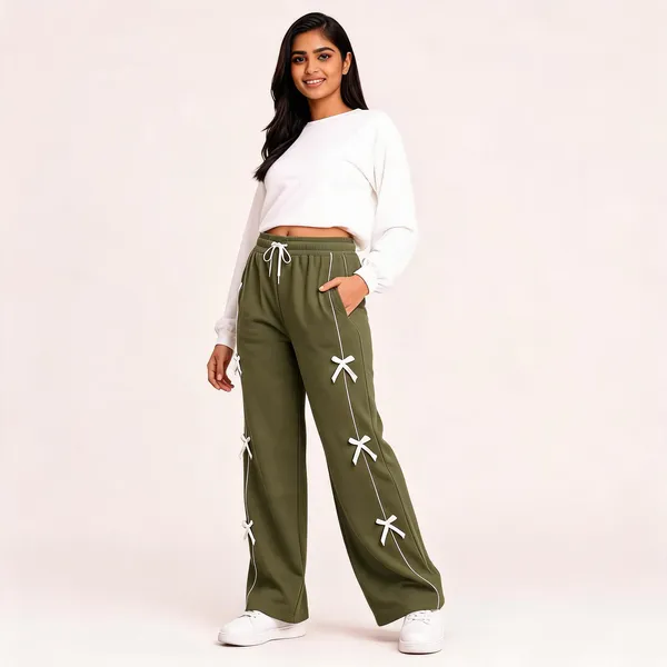 Olive_Green_Bow_Detail_Wide_Leg_Drawstring_Trousers_For_Girls