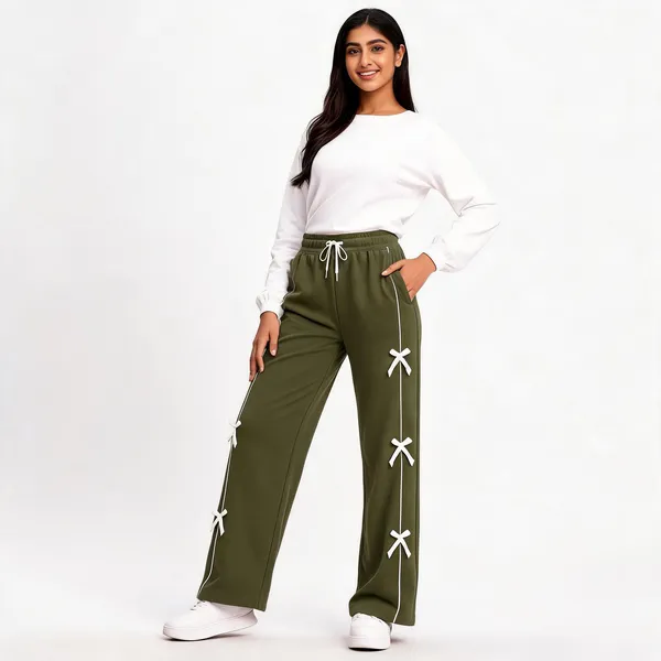 Olive_Green_Bow_Detail_Wide_Leg_Drawstring_Trousers_For_Girls