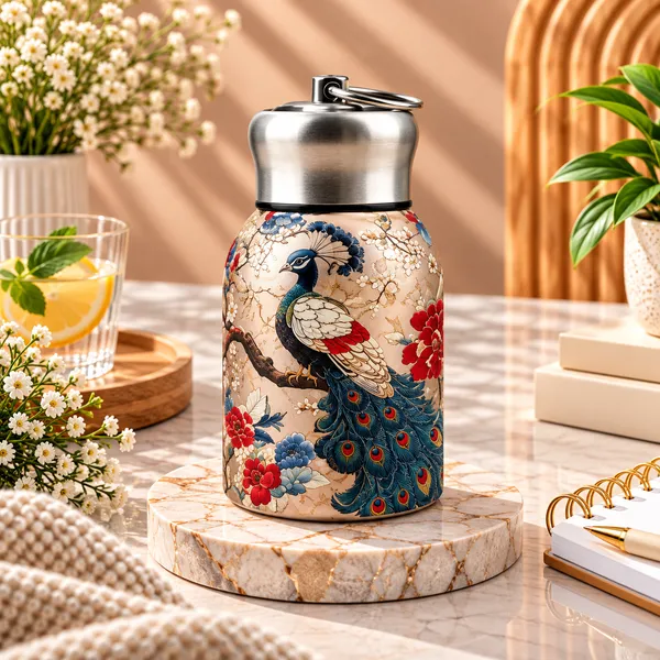Premium_Butterfly_Print_300ml_Insulated_Stainless_Steel_Water_Bottle_|_Hot_&_Cold_Vacuum_Flask_|_Leakproof_Travel_Bottle_for_Office,_Gym,_Car,_Women_&_Girls_Gift_(300ml,_Golden_Peacock)