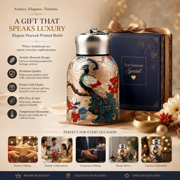 Premium_Butterfly_Print_300ml_Insulated_Stainless_Steel_Water_Bottle_|_Hot_&_Cold_Vacuum_Flask_|_Leakproof_Travel_Bottle_for_Office,_Gym,_Car,_Women_&_Girls_Gift_(300ml,_Golden_Peacock)