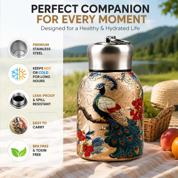 Premium_Butterfly_Print_300ml_Insulated_Stainless_Steel_Water_Bottle_|_Hot_&_Cold_Vacuum_Flask_|_Leakproof_Travel_Bottle_for_Office,_Gym,_Car,_Women_&_Girls_Gift_(300ml,_Golden_Peacock)