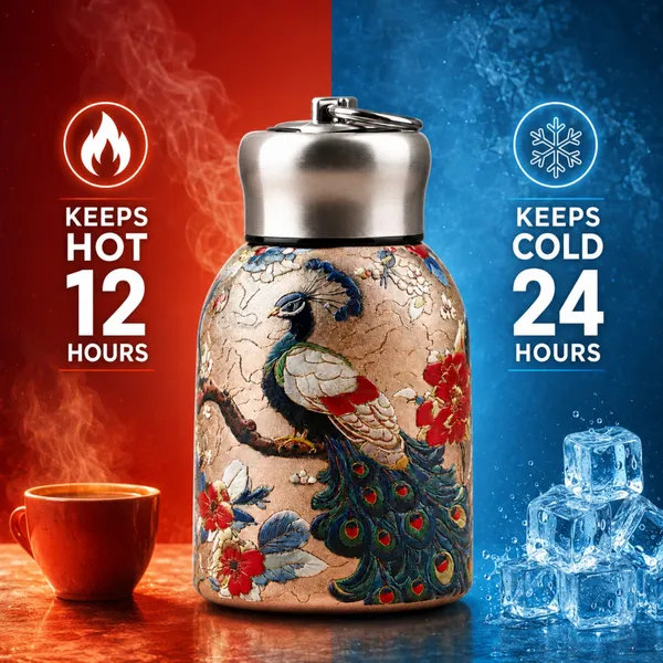 Premium_Butterfly_Print_300ml_Insulated_Stainless_Steel_Water_Bottle_|_Hot_&_Cold_Vacuum_Flask_|_Leakproof_Travel_Bottle_for_Office,_Gym,_Car,_Women_&_Girls_Gift_(300ml,_Golden_Peacock)