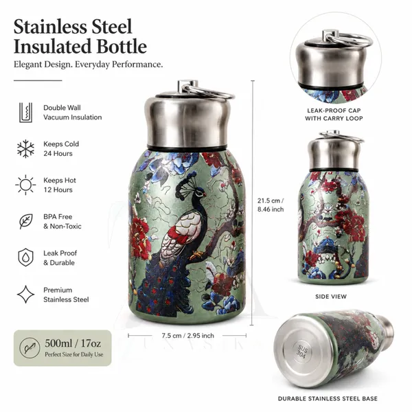 Premium_Butterfly_Print_300ml_Insulated_Stainless_Steel_Water_Bottle_|_Hot_&_Cold_Vacuum_Flask_|_Leakproof_Travel_Bottle_for_Office,_Gym,_Car,_Women_&_Girls_Gift_(300ml,_Green_Peacock)