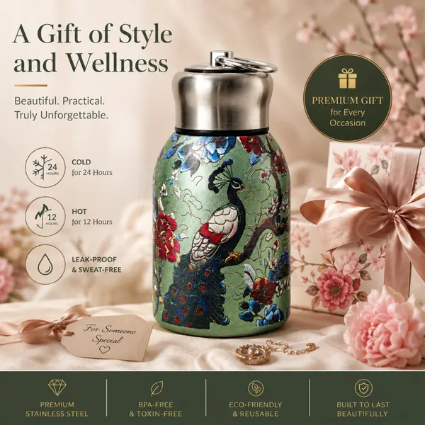 Premium_Butterfly_Print_300ml_Insulated_Stainless_Steel_Water_Bottle_|_Hot_&_Cold_Vacuum_Flask_|_Leakproof_Travel_Bottle_for_Office,_Gym,_Car,_Women_&_Girls_Gift_(300ml,_Green_Peacock)