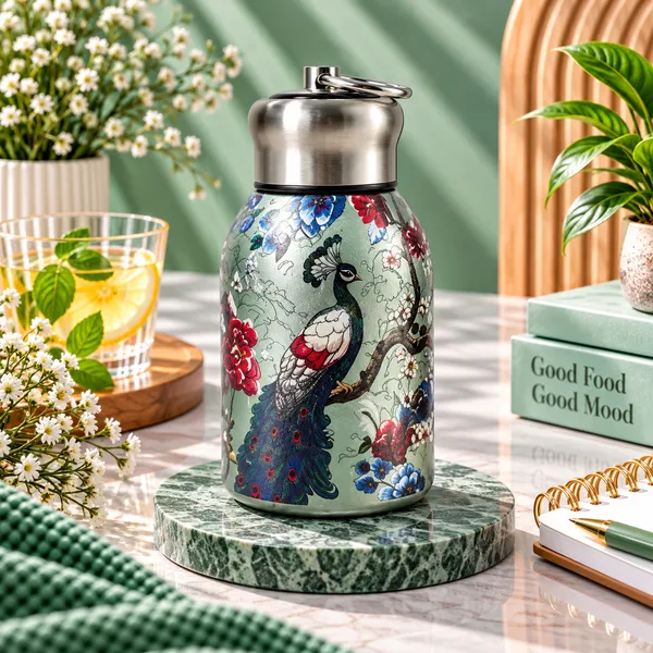 Premium_Butterfly_Print_300ml_Insulated_Stainless_Steel_Water_Bottle_|_Hot_&_Cold_Vacuum_Flask_|_Leakproof_Travel_Bottle_for_Office,_Gym,_Car,_Women_&_Girls_Gift_(300ml,_Green_Peacock)