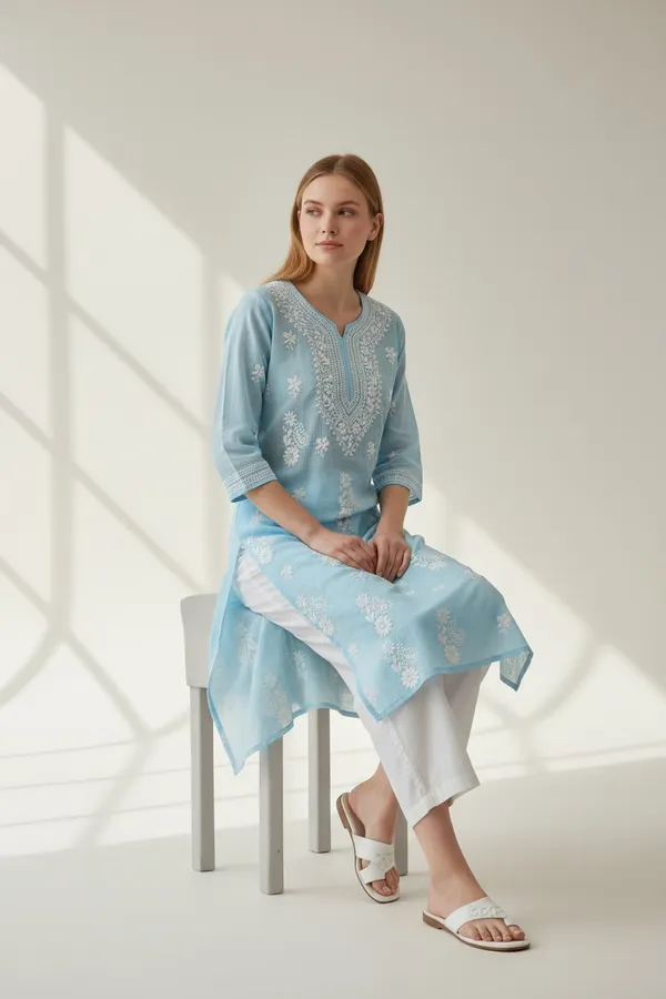 Women's_Kota_Fabric_lucknavi_Rich_Hand_Chikankari_Straight_kurti_,_paired_with_Stretchable_and_breathable_chikankari_Lycra-Cotton_Pant