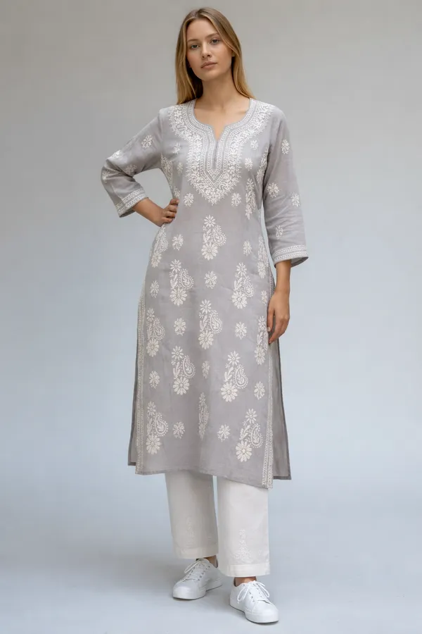 Grey_Women's_Kota_Fabric_lucknavi_Rich_Hand_Chikankari_Straight_kurti_,_paired_with_Stretchable_and_breathable_chikankari_Lycra-Cotton_Pant
