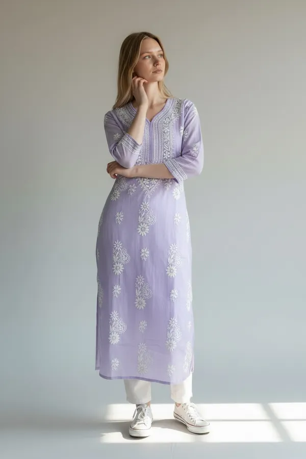 Lavender_And_White_Women's_Kota_Fabric_lucknavi_Rich_Hand_Chikankari_Straight_kurti_,_paired_with_Stretchable_and_breathable_chikankari_Lycra-Cotton_Pant