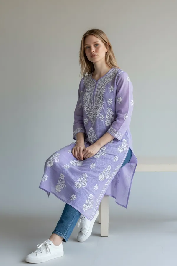Lavender_And_White_Women's_Kota_Fabric_lucknavi_Rich_Hand_Chikankari_Straight_kurti_,_paired_with_Stretchable_and_breathable_chikankari_Lycra-Cotton_Pant