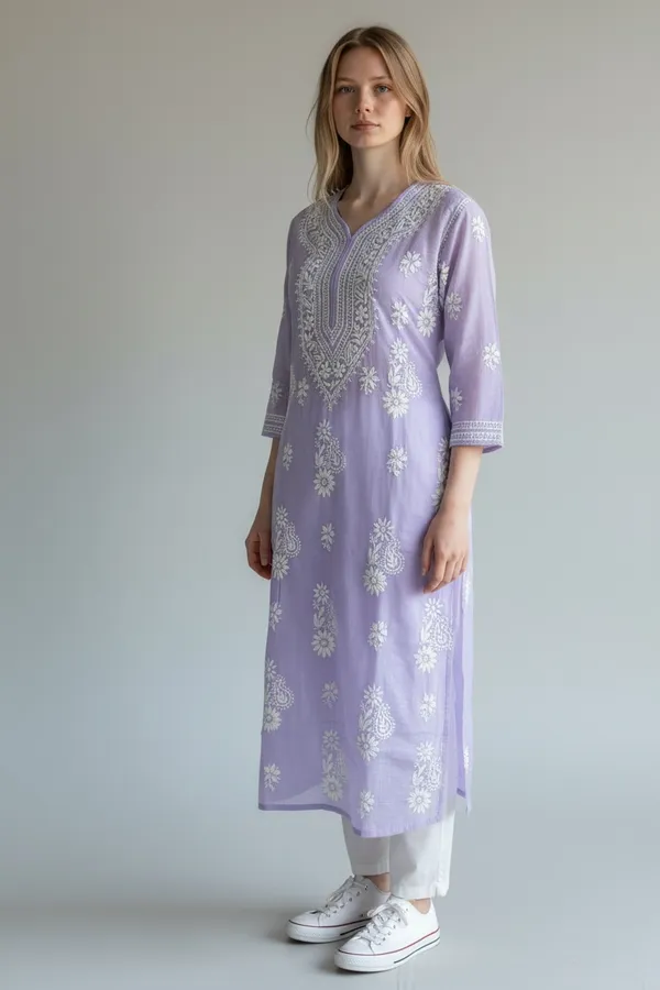 Lavender_And_White_Women's_Kota_Fabric_lucknavi_Rich_Hand_Chikankari_Straight_kurti_,_paired_with_Stretchable_and_breathable_chikankari_Lycra-Cotton_Pant