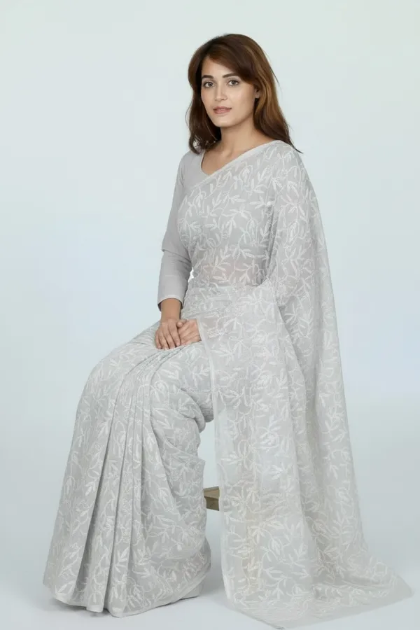 Women'S_Georgette_Fabric_Lucknowi_Tepchi_Work_Saree_With_Attached_Blouse