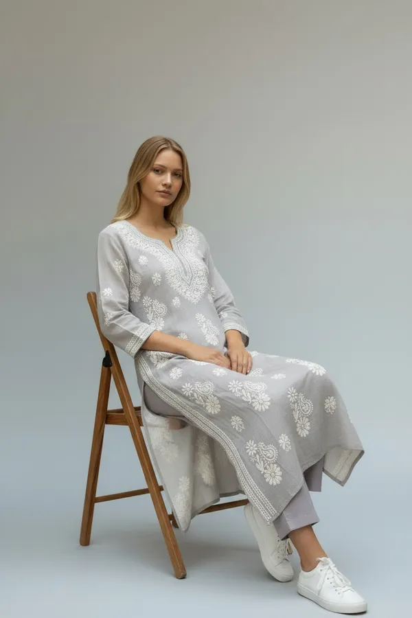 Grey_Women's_Kota_Fabric_lucknavi_Rich_Hand_Chikankari_Straight_kurti_,_paired_with_Stretchable_and_breathable_chikankari_Lycra-Cotton_Pant