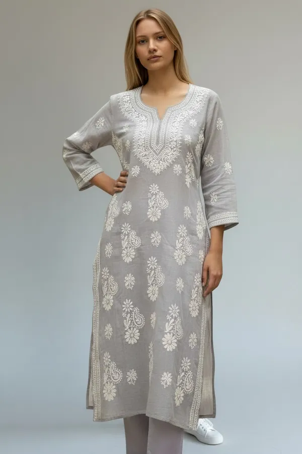 Grey_Women's_Kota_Fabric_lucknavi_Rich_Hand_Chikankari_Straight_kurti_,_paired_with_Stretchable_and_breathable_chikankari_Lycra-Cotton_Pant