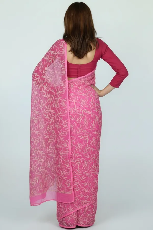 Women'S_Georgette_Fabric_Lucknowi_Tepchi_Work_Saree_With_Attached_Blouse