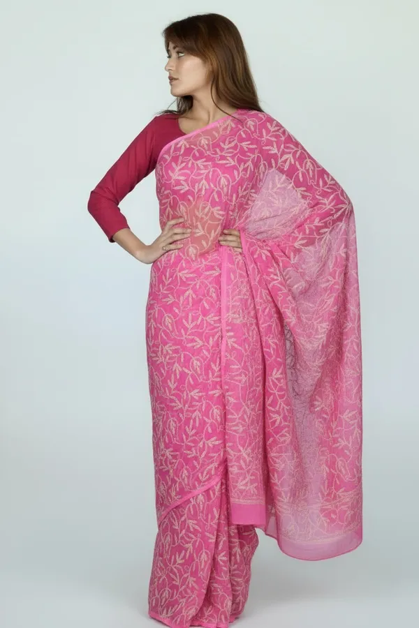 Women'S_Georgette_Fabric_Lucknowi_Tepchi_Work_Saree_With_Attached_Blouse