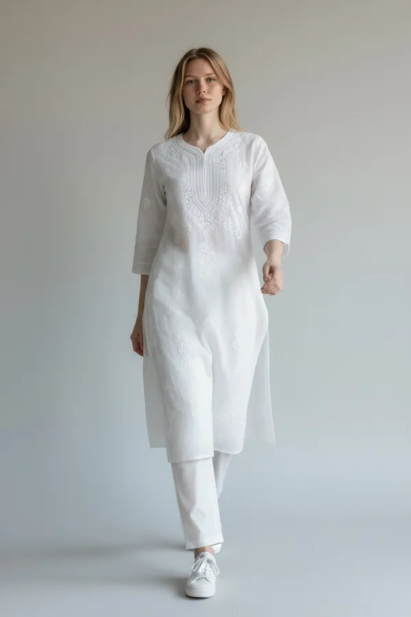 White_Women's_Kota_Fabric_lucknavi_Rich_Hand_Chikankari_Straight_kurti_,_paired_with_Stretchable_and_breathable_chikankari_Lycra-Cotton_Pant