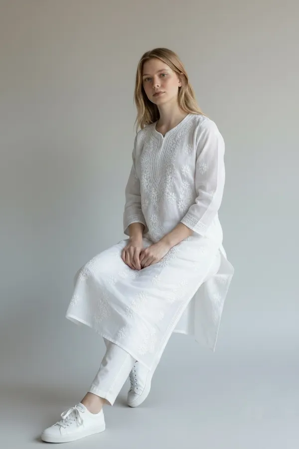 White_Women's_Kota_Fabric_lucknavi_Rich_Hand_Chikankari_Straight_kurti_,_paired_with_Stretchable_and_breathable_chikankari_Lycra-Cotton_Pant