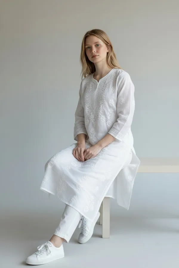 White_Women's_Kota_Fabric_lucknavi_Rich_Hand_Chikankari_Straight_kurti_,_paired_with_Stretchable_and_breathable_chikankari_Lycra-Cotton_Pant