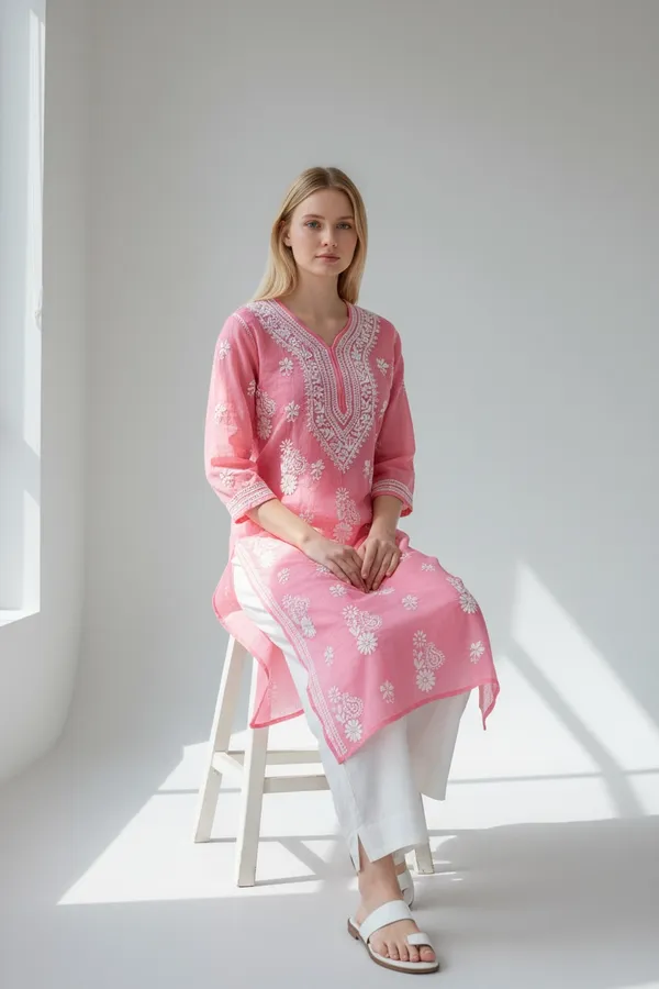 Pink_And_White_Women's_Kota_Fabric_lucknavi_Rich_Hand_Chikankari_Straight_kurti_,_paired_with_Stretchable_and_breathable_chikankari_Lycra-Cotton_Pant