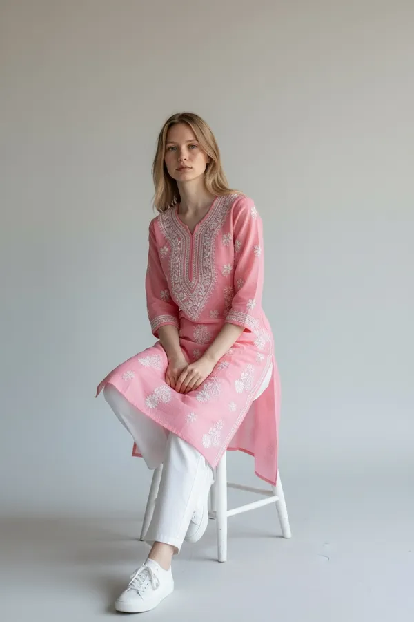 Pink_And_White_Women's_Kota_Fabric_lucknavi_Rich_Hand_Chikankari_Straight_kurti_,_paired_with_Stretchable_and_breathable_chikankari_Lycra-Cotton_Pant