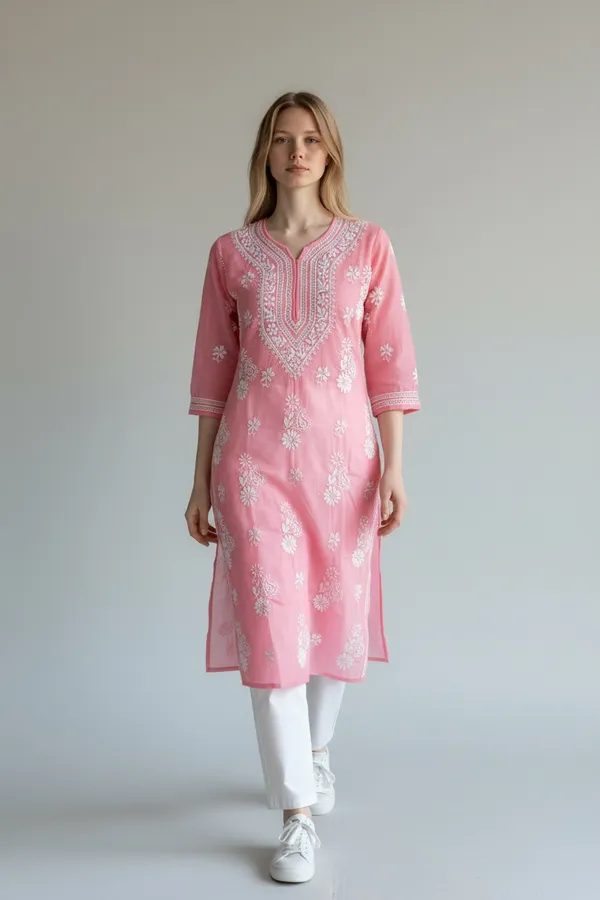 Pink_And_White_Women's_Kota_Fabric_lucknavi_Rich_Hand_Chikankari_Straight_kurti_,_paired_with_Stretchable_and_breathable_chikankari_Lycra-Cotton_Pant