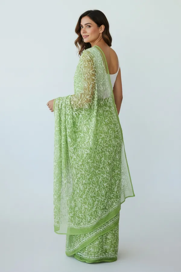 Women'S_Georgette_Fabric_Lucknavi_Tepchi_Work_Saree_With_Attached_Blouse