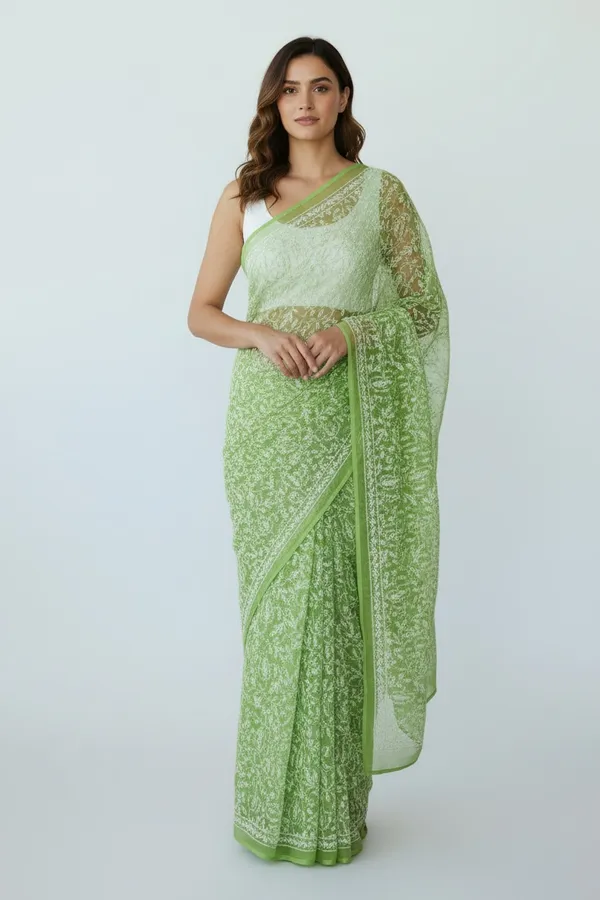 Women'S_Georgette_Fabric_Lucknavi_Tepchi_Work_Saree_With_Attached_Blouse