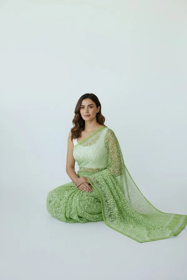 Women'S_Georgette_Fabric_Lucknavi_Tepchi_Work_Saree_With_Attached_Blouse