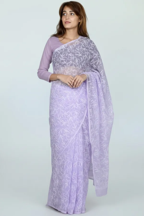 Women'S_Georgette_Fabric_Lucknavi_Tepchi_Work_Saree_With_Attached_Blouse