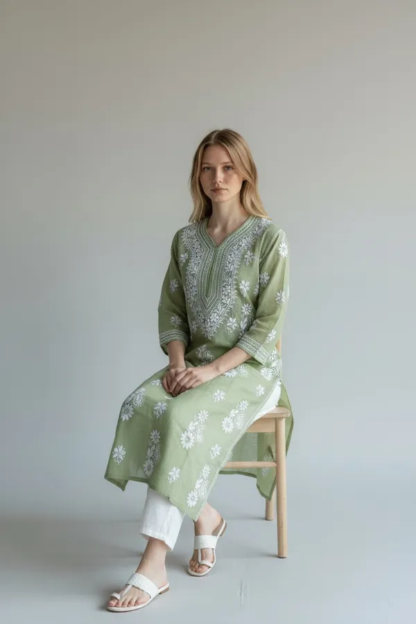 Green_And_White_Women's_Kota_Fabric_lucknavi_Rich_Hand_Chikankari_Straight_kurti_,_paired_with_Stretchable_and_breathable_chikankari_Lycra-Cotton_Pant