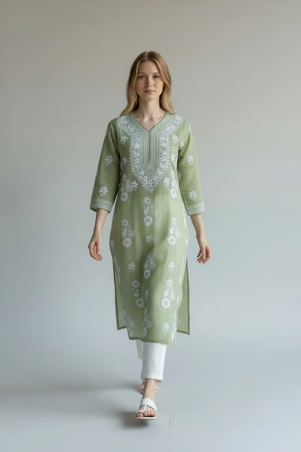Green_And_White_Women's_Kota_Fabric_lucknavi_Rich_Hand_Chikankari_Straight_kurti_,_paired_with_Stretchable_and_breathable_chikankari_Lycra-Cotton_Pant