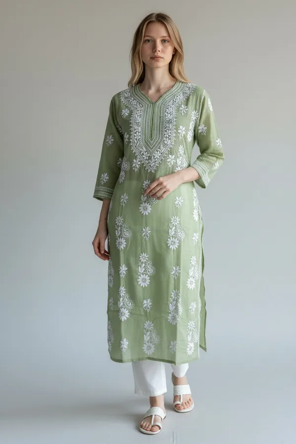 Green_And_White_Women's_Kota_Fabric_lucknavi_Rich_Hand_Chikankari_Straight_kurti_,_paired_with_Stretchable_and_breathable_chikankari_Lycra-Cotton_Pant