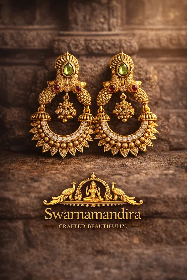 Antique_Gold_Chandbali_Temple_Earrings_With_Green_And_Red_Stones