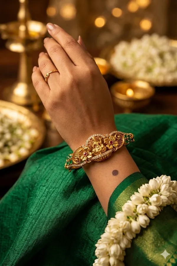 Traditional_Gold_Plated_Temple_Design_Kada_Bangle_With_Green_Stone_Accents
