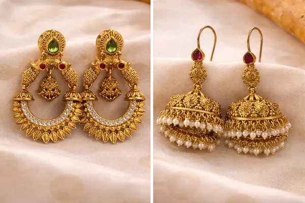 Pack_Of_2-Traditional_Gold_Toned_Jhumka_Earrings_With_Pearl_Bead_Fringe_And_Antique_Gold_Chandbali_Earrings_With_Green_And_Red_Stones
