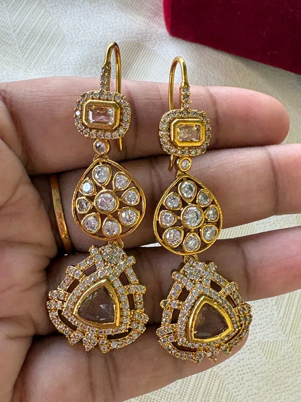 Elegant_Gold_Plated_Triple_Tier_Drop_Earrings_With_Gemstones