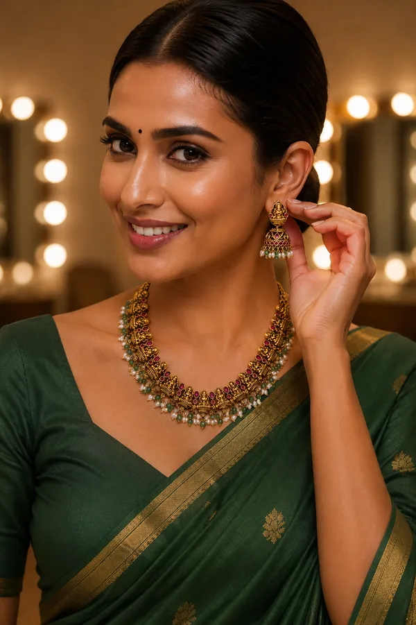 Traditional_AntiqueTemple_style_Gold_Toned_Necklace_Set_With_Green_And_Maroon_Beads