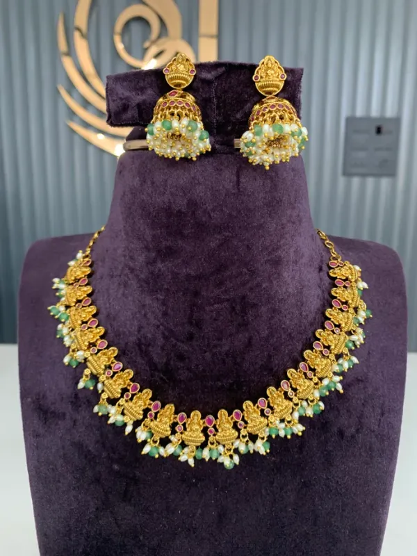 Traditional_AntiqueTemple_style_Gold_Toned_Necklace_Set_With_Green_And_Maroon_Beads