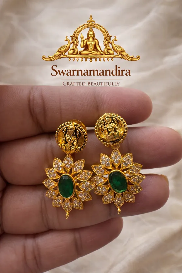 Gold_Toned_Green_Stone_Temple_Floral_Necklace_Set_With_Earrings