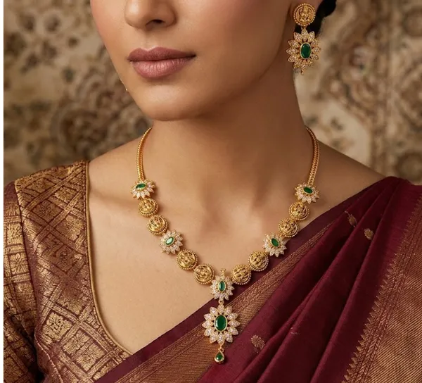 Gold_Toned_Green_Stone_Temple_Floral_Necklace_Set_With_Earrings