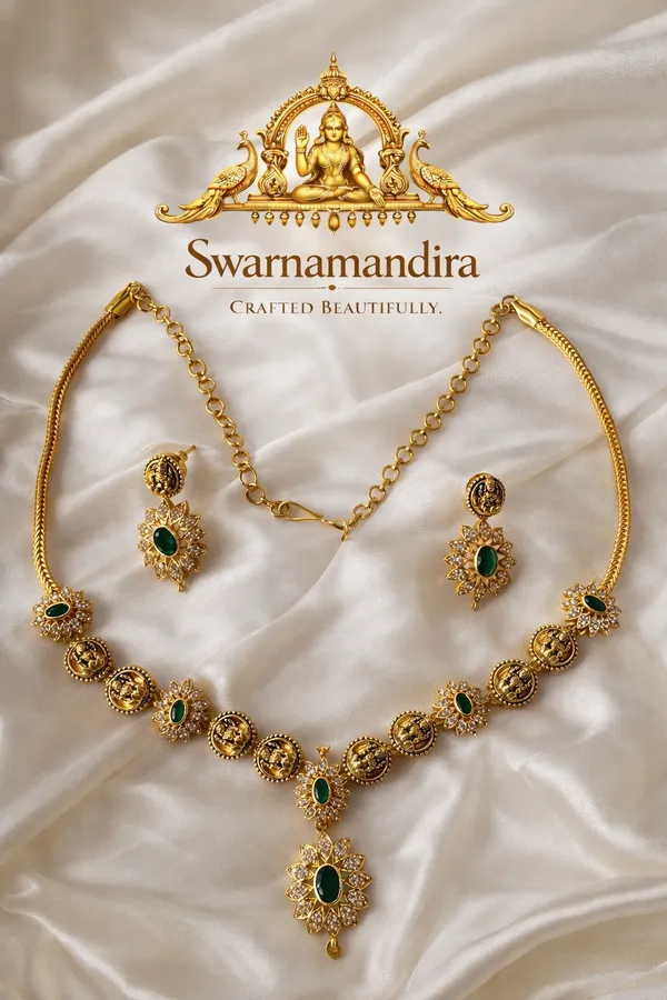 Gold_Toned_Green_Stone_Temple_Floral_Necklace_Set_With_Earrings