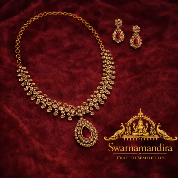 Antique_Gold_Plated_Temple_Jewelry_Necklace_Set_With_Red_Stone_Pendant_And_Earrings