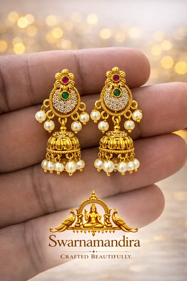 Swarnamandira_Traditional_Gold-Finish_Pearl_Jhumka_Earrings