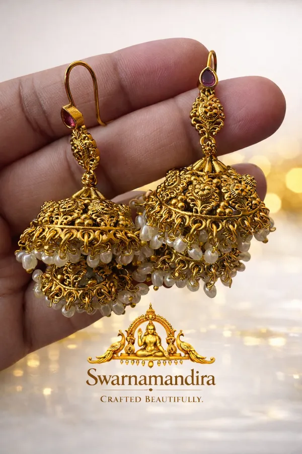 Traditional_Gold_Toned_Temple_Jhumka_Earrings_With_Pearl_Bead_Fringe